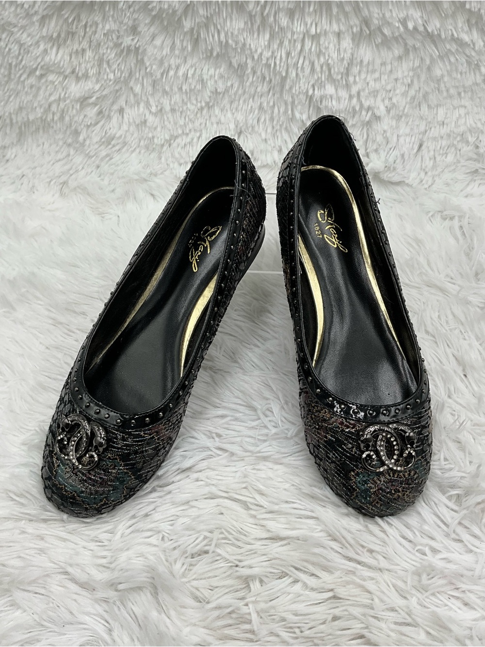 Original by Sharif 1827 Flats Size 6.5W Black Leather Metallic Studded